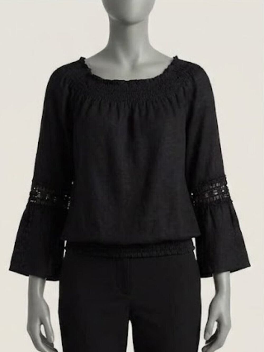 INC 100% Linen Black Smocked-Neck Women's Top Size S